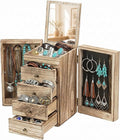 GUOER Jewelry Box for Women, 5-Layer Wooden Jewelry Organizer with Mirror | 4 Drawers & Side Doors for Necklaces, Rings, Earrings, Unfinished Rustic Torched Wood