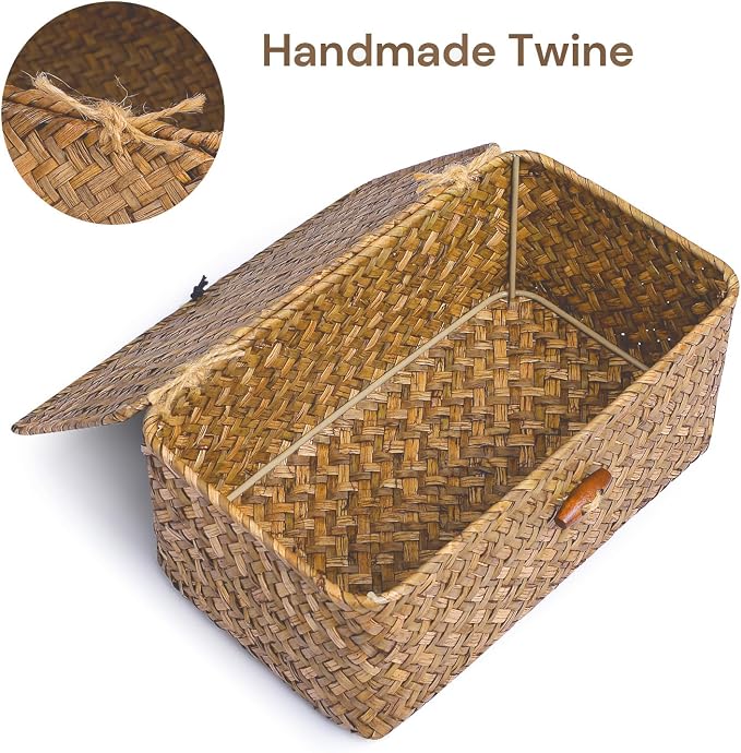 Natural Seagrass Storage Baskets with Lid,Multipurpose Home Organizer Bins Boxes for Shelf Organizer,Decorative Storage Bins- 12'' x 7'' x 6''