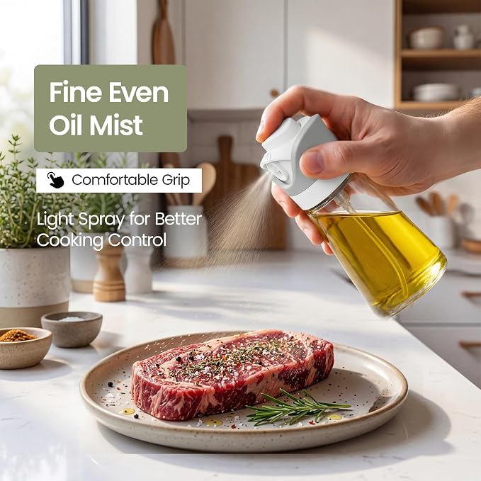 Olive Oil Dispenser for Kitchen 2-in-1 Pour and Spray | 7.7 oz / 230 ml | Glass Olive Oil Sprayer for Cooking, Airfryer, Salad & BBQ | Set of 2 Bottles, White