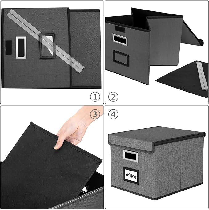 Huolewa File Organizer Box with Lid, Collapsible File Folder Organizer for Office Document Storage, Filing Box with Plastic Slide for Letter Size Hanging File Folders(1 Pack, Dark Grey)