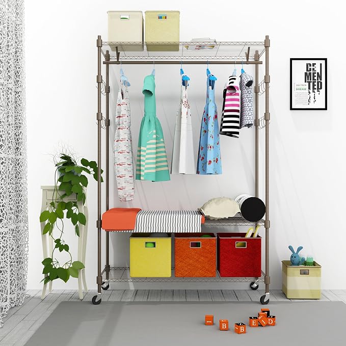 Heavy Duty Clothes Rack, Adjustable Rolling Garment Rack with Shelves, Freestanding Wardrobe Rack 1 Clothes Hanging Bar, 3 tired Wire Shelving, 4 Hanger Hooks - Hold Up to 400Lbs (Gray, 1Rod 4Hook)
