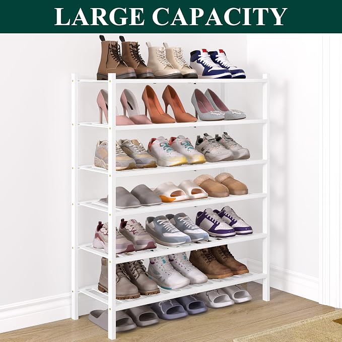Smiry Bamboo Shoe Rack for Closet, 6 Tier Wooden Shoe Organizer, Stackable Wood Shoe Storage Shelf for Entryway, 14 Vertical Slats, 3+3 Stack Heavy-Duty Legs, 26.77"x11.02"x36.61", White
