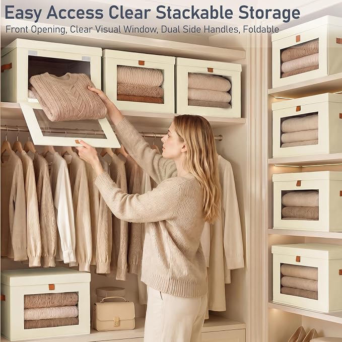 DIMJ Storage Bins with Lids - 6 Pack Front Opening Stackable Fabric Storage Boxes with Clear Window & Handles, Collapsible Closet Organizers for Clothes, Sweaters, Shelf Storage, Bedroom, Beige