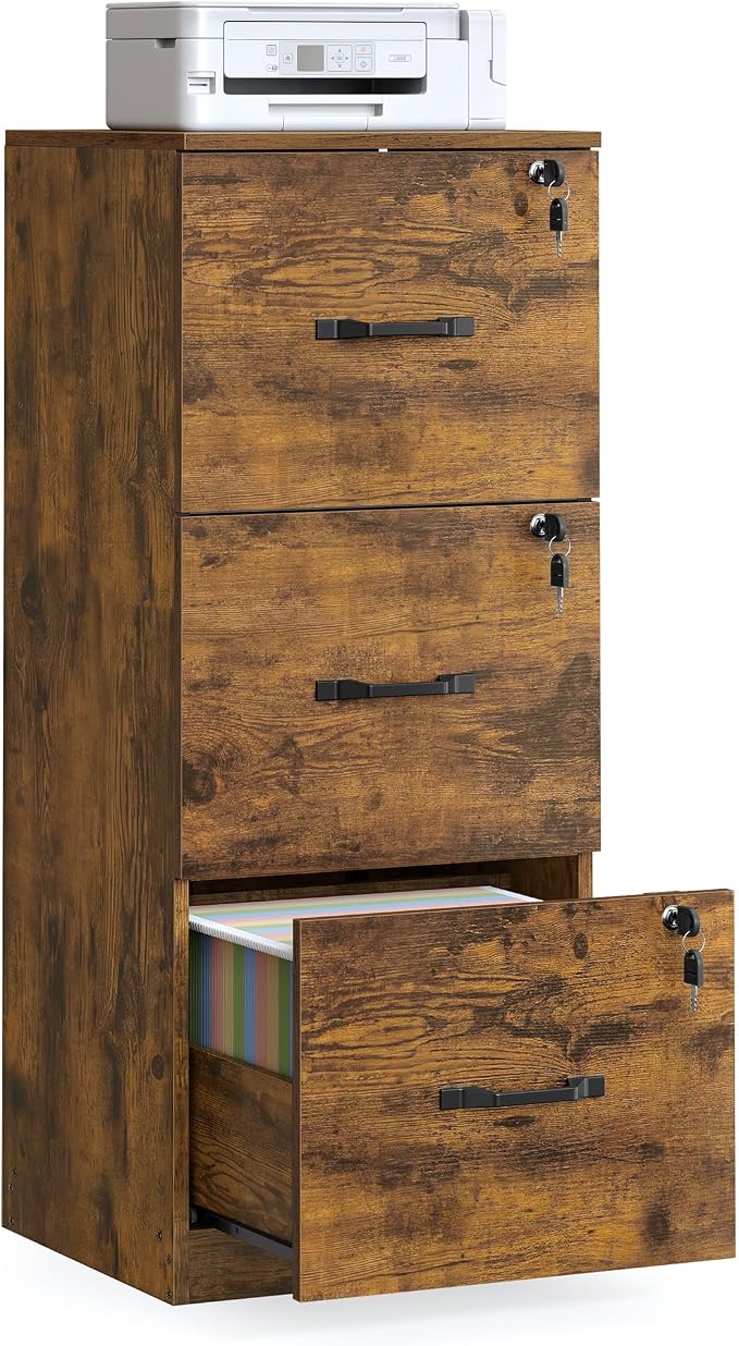 VASAGLE Custos Collection File Cabinet, 3 Drawer Filing Cabinet for Home Office, with Wheels, for A4, Letter Sized Documents, Hanging File Folders, Rustic Brown UOFC055K101S