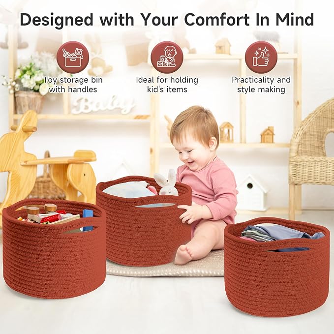 Small Rope Baskets for Storage, Baskets for Gifts Empty, Cute Round Woven Basket, Decorative Shelf Baskets 9.82×9.82×7.1", Cotton Toy Basket Storage Bins for Organizer 3 Packs-Brick Red