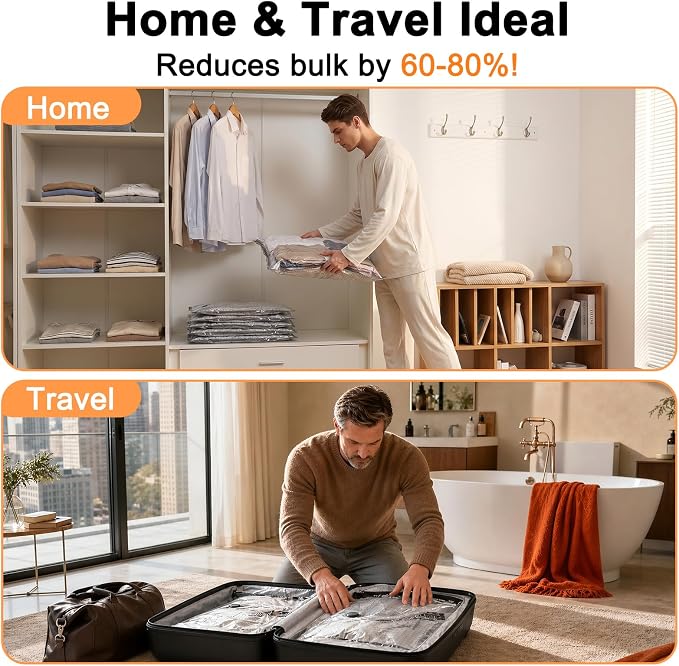 16 Pack Travel Vacuum Bags with Pump | Vacuum Seal Bags for Clothing Travel, Vacuum Storage Bags with Cordless USB Pump, PA+PE Zipper for Space Saver for Home