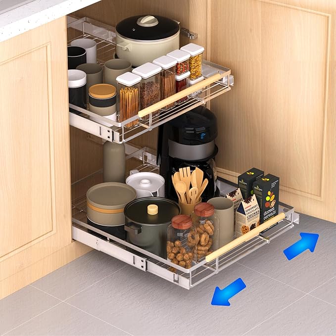 Pull Out Drawer Cabinet Organizer, Expandable Slide Out Storage Shelves - Heavy Duty, Durable and Smooth Slide-Out, 12.3" x 18.3" Wide x 17.3" Deep, 2 Pack