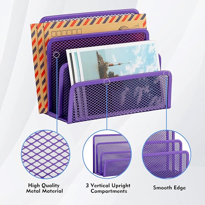 EASEPRES Desk Mail Organizer, Office Small Desktop Metal Mesh Envelope Letter Sorter Paper File Holder Organizer with 3 Vertical Upright Compartments, Purple 2 Pack