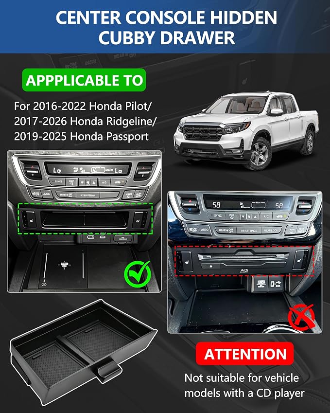 Center Console Organizer for Honda Ridgeline 2017-2026/ Pilot 2016-2022 | for Passport 2019-2025, ABS Material & Anti-Slip Drawer Storage Box Insert, Hidden Cubby Organizer Only Fit Models with Cubby