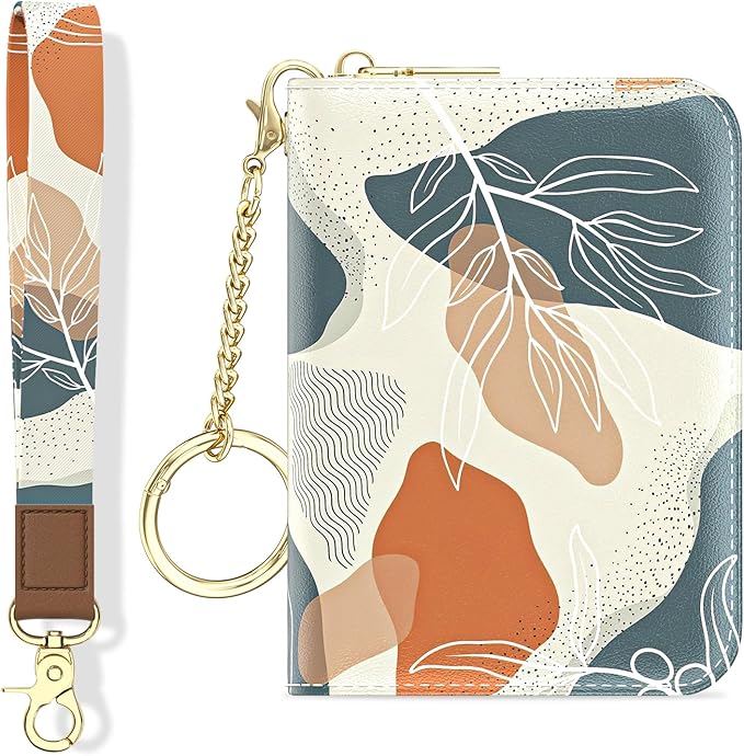 Aiawoxc Credit Card Holder, Small RFID Wallet Slim Leather Card Organizer Case with Zipper and Wristlet Strap, Abstract Boho Leaf