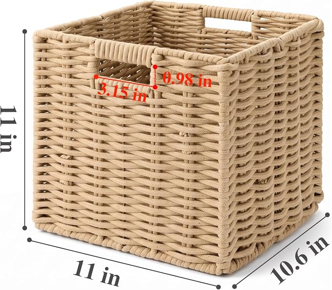 Cotton Rope Cube Storage Baskets Set of 2, 11 Inch Foldable Cubby Organizer Bins with Handles, Handwoven Square Basket for Organizing, Cube Closet Storage Bins for Shelves, Home Decor
