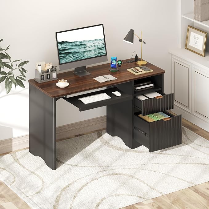 Bestier Computer Desk with Keyboard Tray, 55 inch Office Desk with Power Outlet, Modern Home Office Desk with File Drawer (Walnut with Black, 55" W with Single-Sided Drawers)