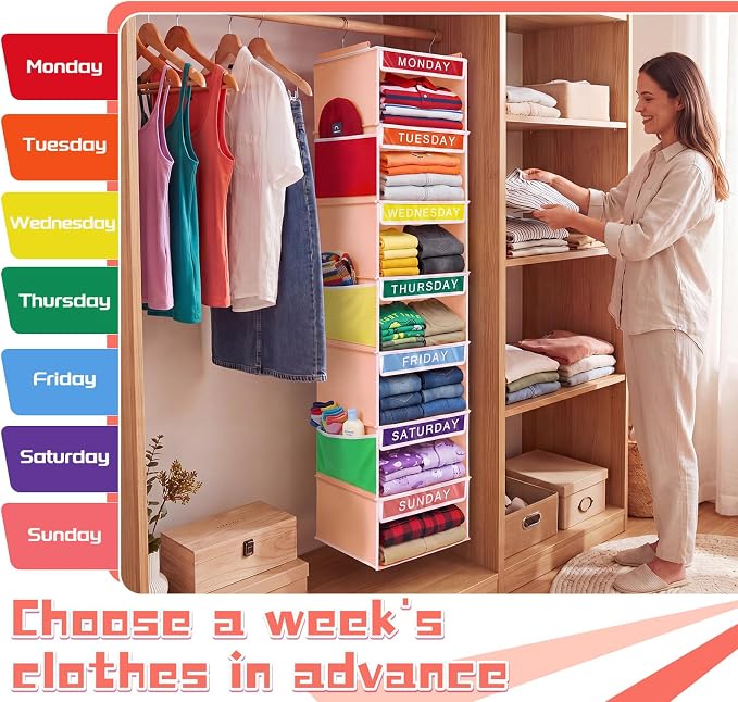 Amylove 2 Pcs 7 Shelf Weekly Clothes Organizer for Kids Hanging Closet Organizer 11. 8 x 11. 8 x 50 Inch Daily Activity Kids Clothes Storage Drawers Cube Drawers Closet Hanging Shelves(Orange Pink)