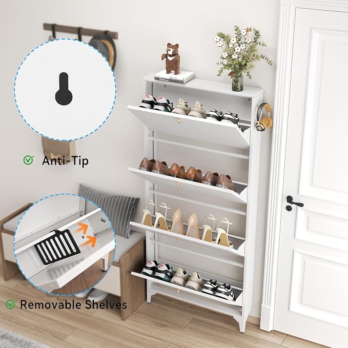 Shoe Cabinet with 4 Flip Drawers-Metal Narrow Shoe Rack for Entryway,Hallway,Living Room-Hidden Metal Shoe Cabinet-Freestanding Shoe (4 Door Width 27.56, White)