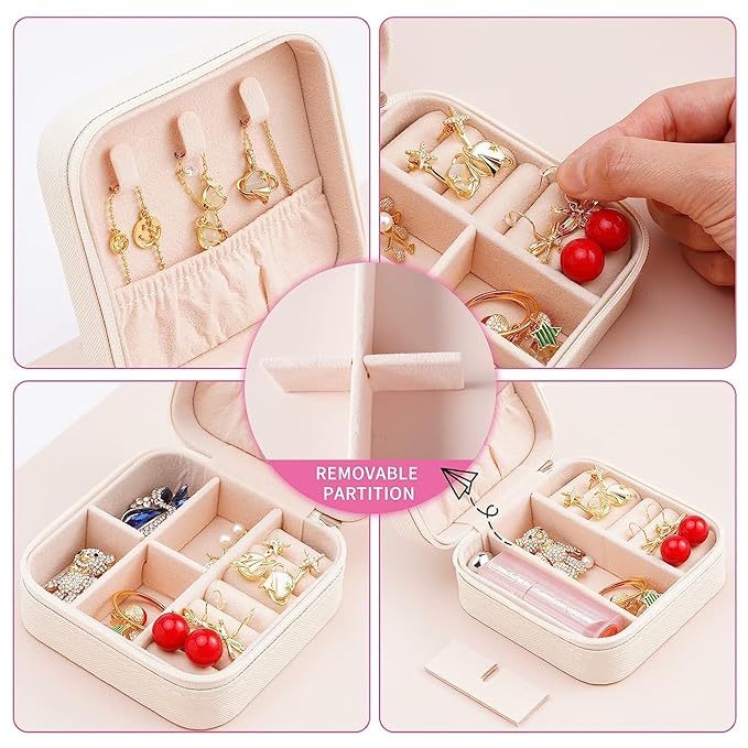 Neveika Portable Travel Mini Jewelry Box Leather Jewellery Ring Organizer Case Storage Gift Box Girls Women (2pcs White).