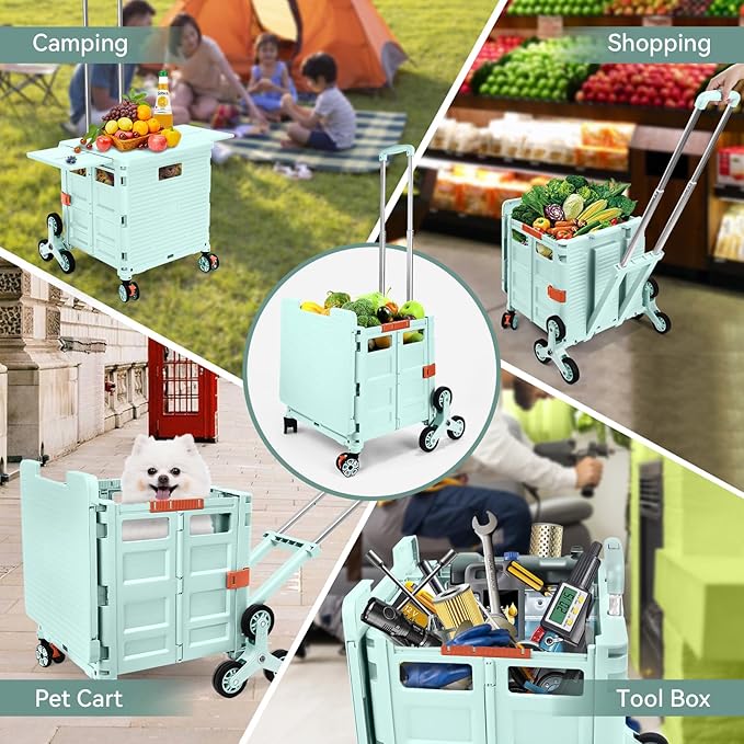 Foldable Utility Cart Portable Crate Rolling Dolly with Telescopic Handle,Can be Pulled diagonally, Magnetic Retractable Lid, 360°Swivel Climbing Wheels for Shopping Carrying Groceries Move Green