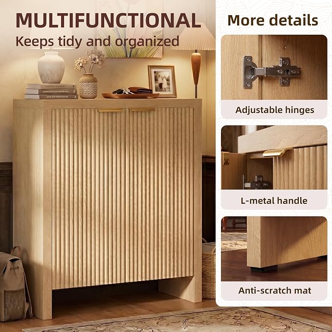 Shoe Cabinet, 5-Tier and 3 Doors Shoe Storage Cabinets with Fluted Doors and Adjustable Shelves, Thickened Wood Freestanding for Entryway, Hallway, Closet, Organizer Rack, Natural Oak JBSC002N