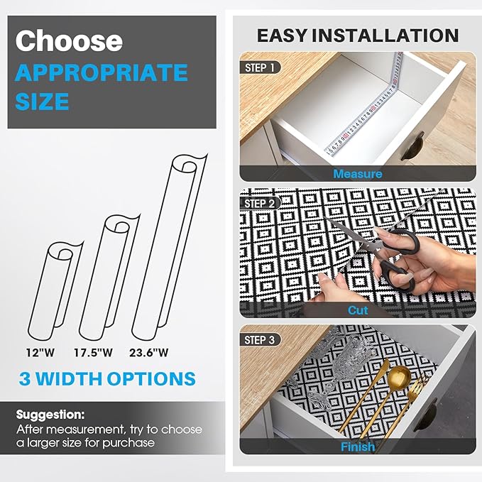 Coavas Shelf and Drawer Liner, Non Slip Extra Grip Non Adhesive Waterproof Thickened Cabinet Mat, Easy Cut for Kitchen Pantry Bathroom Dresser Cupboard (Black Rhombic, 12IN x 30FT)