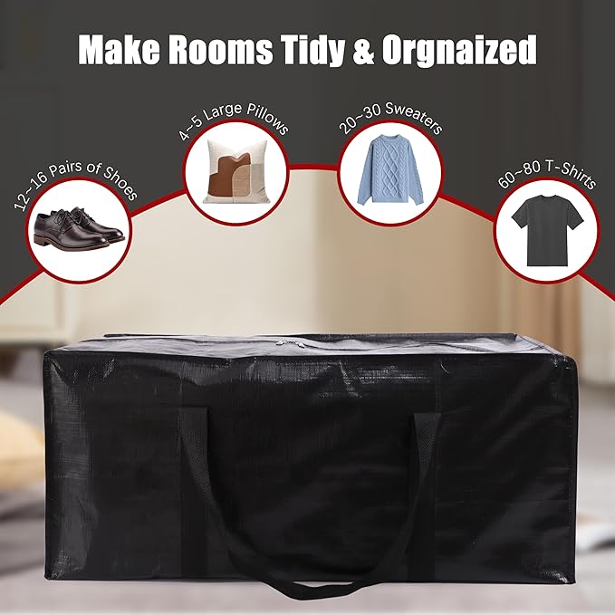 PANDA JOYS Extra Large Moving Bags with Zippers & Carrying Handles, Heavy-Duty Storage Tote for Space Saving Moving Storage, Fold Flat, Alternative to Box and Bin - 12 Pack, Black