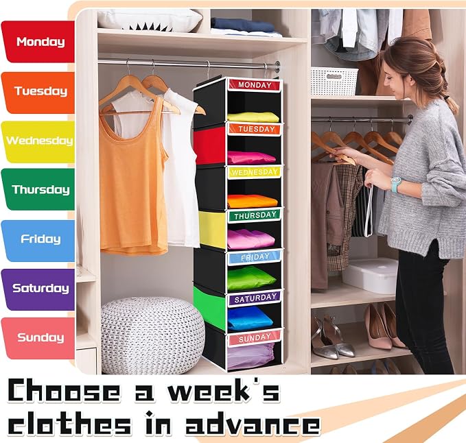 Amylove 2 Pcs 7 Shelf Weekly Clothes Organizer for Kids Hanging Closet Organizer 11. 8 x 11. 8 x 50 Inches Daily Activity Kids Clothes Storage Drawers Cube Drawers Closet Hanging Shelves(Black)