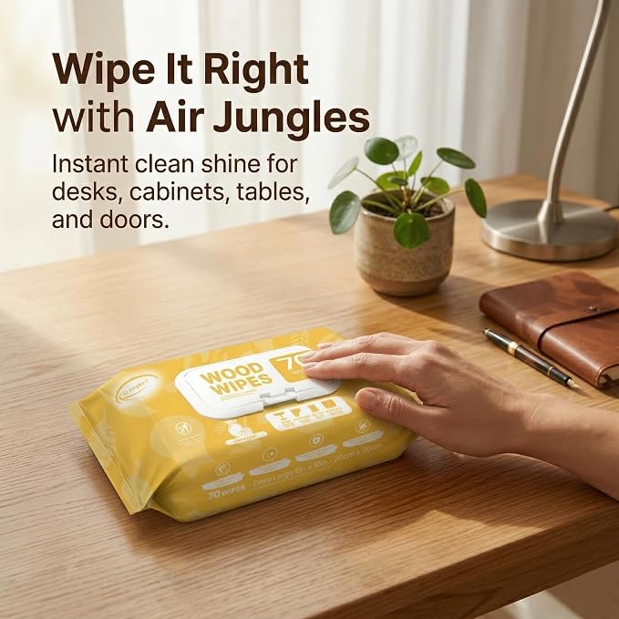 Air Jungles Wood Furniture Cleaner Wipes 70 Count (3 Packs), XL 8x10 Inch | Clean, Protect, Polish Wood Tables, Chairs, Cabinets, Desks, With Vitamin E Gentle For Skin, Lemon Scent