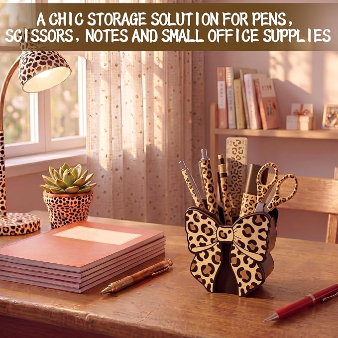 Tenceur Leopard Print Bow Holder for Desk Large Capacity Bow Wooden Pencil Holder Coquette Supplies Desk Organizer Cute Teacher Office Decor Makeup Brush Holders Back to School Gift for Girls Women