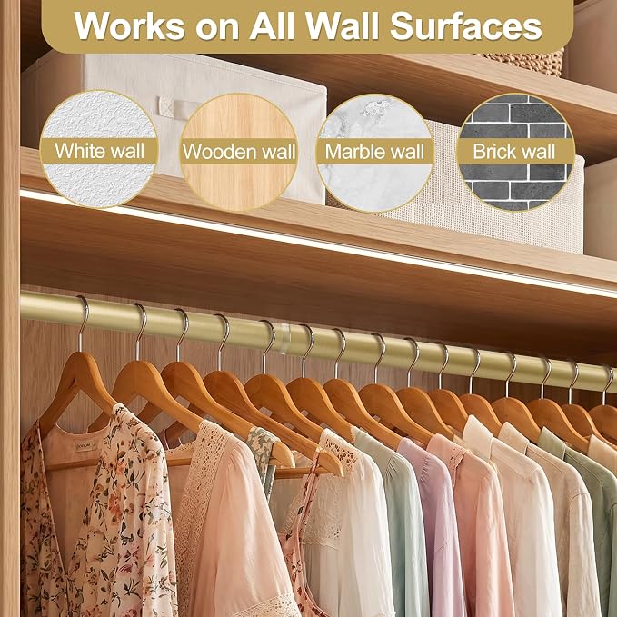Adjustable Closet Rod for Hanging Clothes, 17-84inch Heavy Duty Metal tension clothes rod，1.3Inches Closet Pole with Hardware Kit for Closet Organization Laundry Room RV, Gold