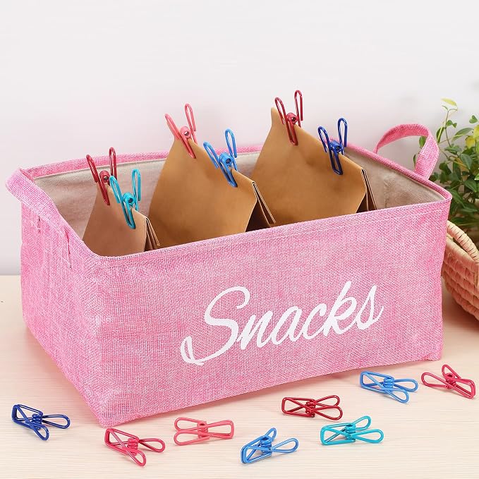 Newtay 17 Pcs Snack Basket Sets, Snack Storage Bin for Pantry Shelves with 16 Pcs 2 Inch Chip Clips, Basket Organizer for Kitchen Home, Chips, Popcorn, Candy, Pretzels (Pink,Burlap)