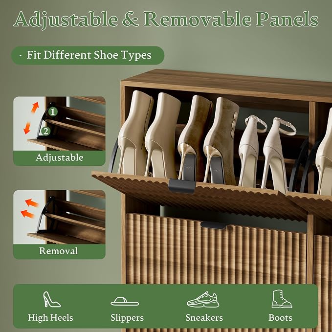 Xixini Shoe Storage Cabinet for Entryway with 6 Flip Drawers, Hidden Slim Wood Shoe Organizer with Modern Fluted Panel, Freestanding Narrow Shoe Rack for Front Door Entrance, Hallway, Foyer, Walnut