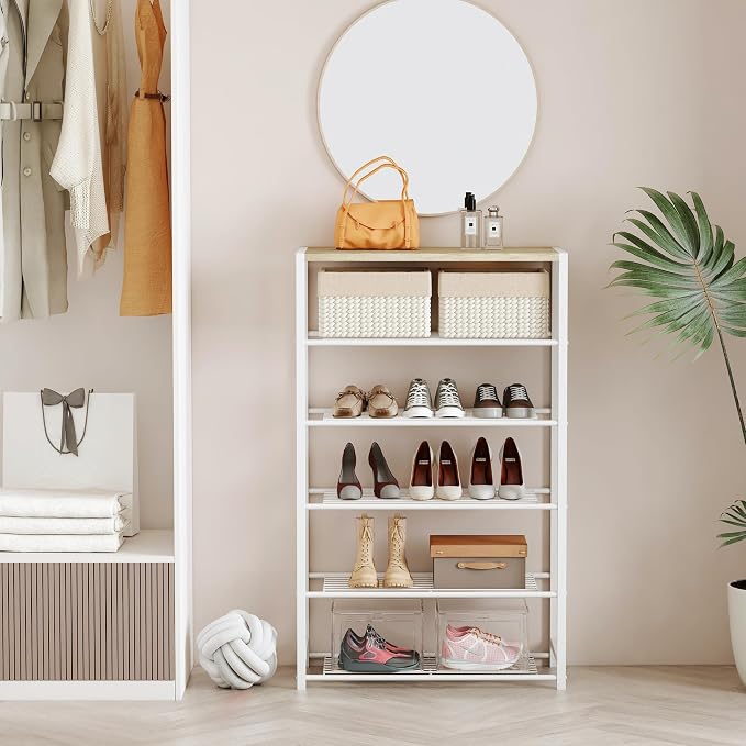 Yusong Shoe Rack Organizer, 6 Tier Industrial Shoe Storage Shelf, Narrow Sturdy Metal Shoe Shelves for Closet Entryway, White