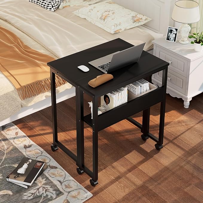 GreenForest Folding Desk with Wheels, 31.5" Rolling Table for Small Spaces | Storage Shelf, Lockable Casters, Compact Portable Workstation, Space-Saving Foldable Sofa Table, Home Office, Mobile, Black
