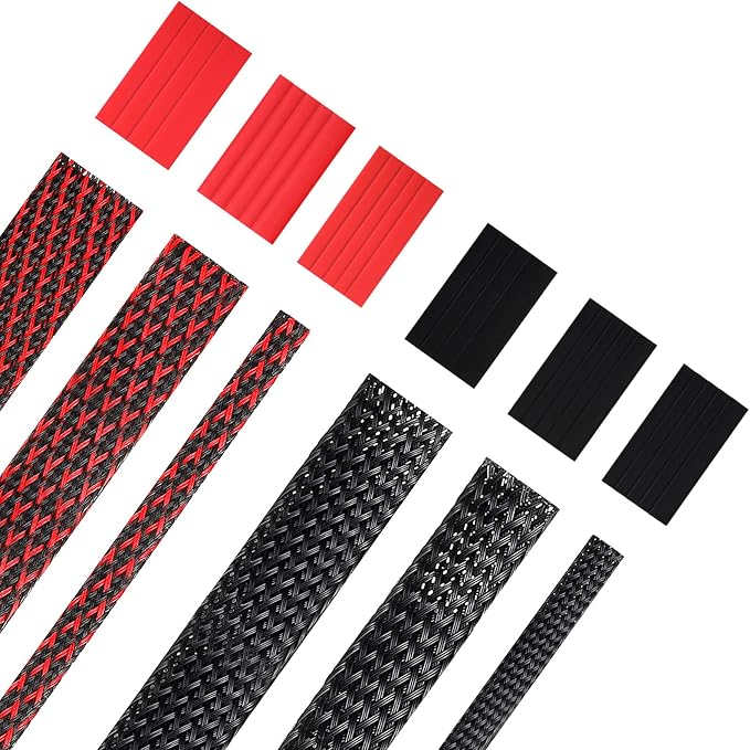 Xuniea 96ft Wire Loom Braided Cable Sleeve Covers Cord Management with 127 Pcs Tube Heat Shrinkable for Audio Video Cable Cord Protectors from Pets(1/4, 3/4, 1 Inch,Black and Red)