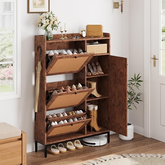 Garvee Shoe Cabinet with 3 Flip Drawers, Freestanding Shoe Organizer with 4-Tier Shoe Storage Cabinet and Adjustable Shelf & Rattan Doors,Narrow Shoe Rack Cabinet for Entryway, Closet, Hallway