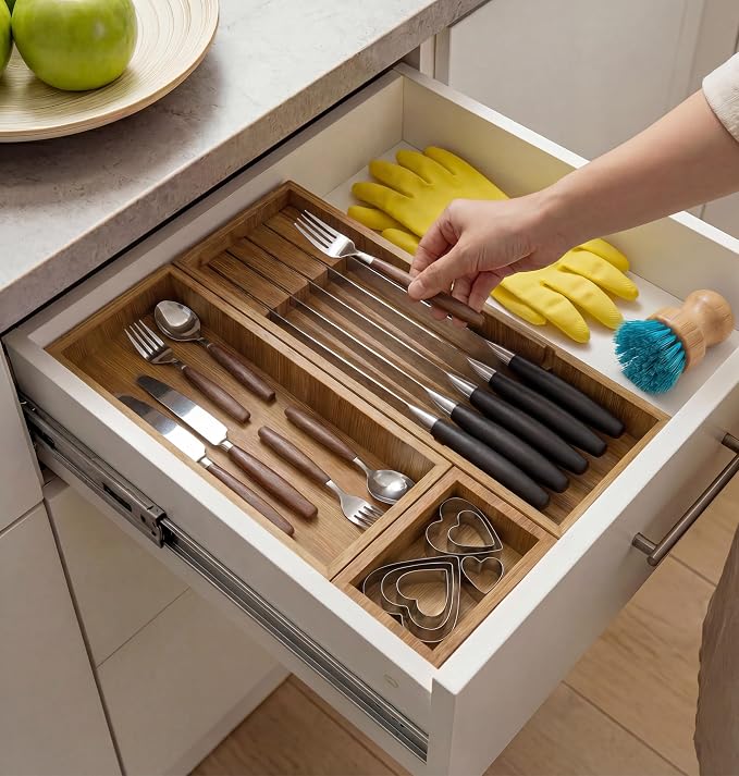 KOCWELL Bamboo Drawer Organizer with Knife Block, 3 Removable Silverware Drawer Organizer Bins - Multi-Use for Kitchen Utensils, Office, Makeup, Tools Storage