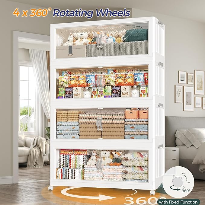 240QT Extra Large Stackable Storage Bins with Lid & Wheels & Doors, 60Gal Foldable Collapsible Closet Organizers, Plastic Cabinet Box Container Drawer for Home Kitchen Bedroom, 4Pack White
