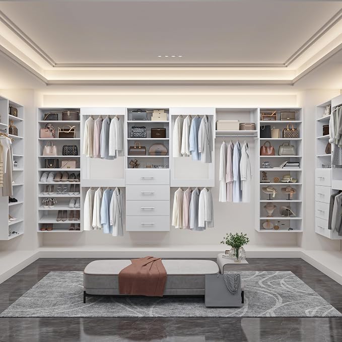 Modular Closet System, 64" Wide Wall-Mounted Closet Tower Organizer with Rods for Walk-In Closet Storage, White