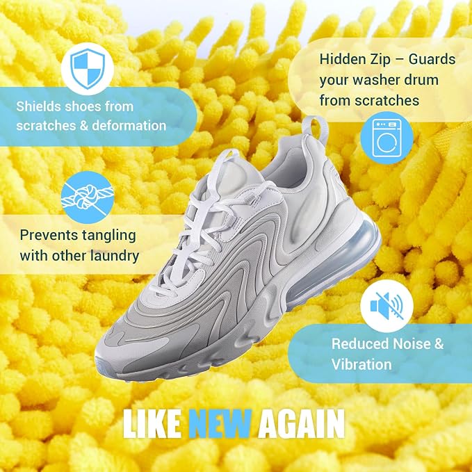 Shoe Washing Machine Bag, 2 PC Reusable XXL Shoes Laundry Bag for Washer & Dryer with Concealed Heavy-Duty Zipper to Protects Shoes & Machine, Cleaning Bag for Sneakers & Tennis Shoe(Yellow)