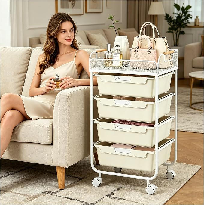 SYKIARIOL 4-Drawer Rolling Storage Cart with Mesh Top, Utility Craft Organizer Cart on Wheels with DIY Labels, Rolling Drawer Cart for Home Office Classroom Bedroom, White