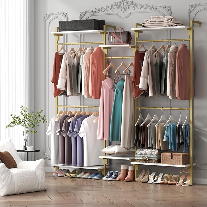 White/Gold Wall Mount Clothes Rack with 5 Hanging Rods, Clothing Rack with 6-Tier Storage Shelves, Closet Storage Organizer System Kit, Heavy Duty Garment Rack with Metal Frames (80.71" L*78.74" H)