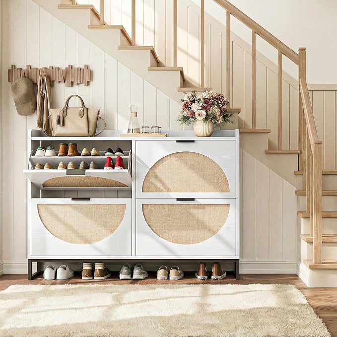 Flip Drawer Shoe Cabinet, Slim Narrow Entryway Storage Furniture with Hidden Flip-Open Organizer, Engineered Wood & Veneer Construction, 4 Drawer, White