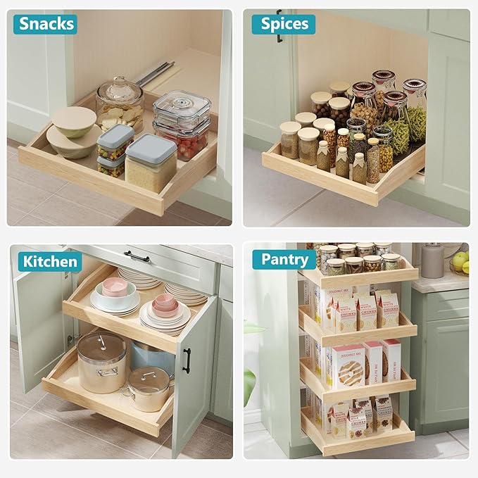 ROOMTEC Pull Out Cabinet Organizer with Soft Close, 19-1/2" W x 21" D, Pull Out Cabinet Drawer for Kitchen cabinets, Pull Out Cabinet Shelf, Finished, Bottom Assembly