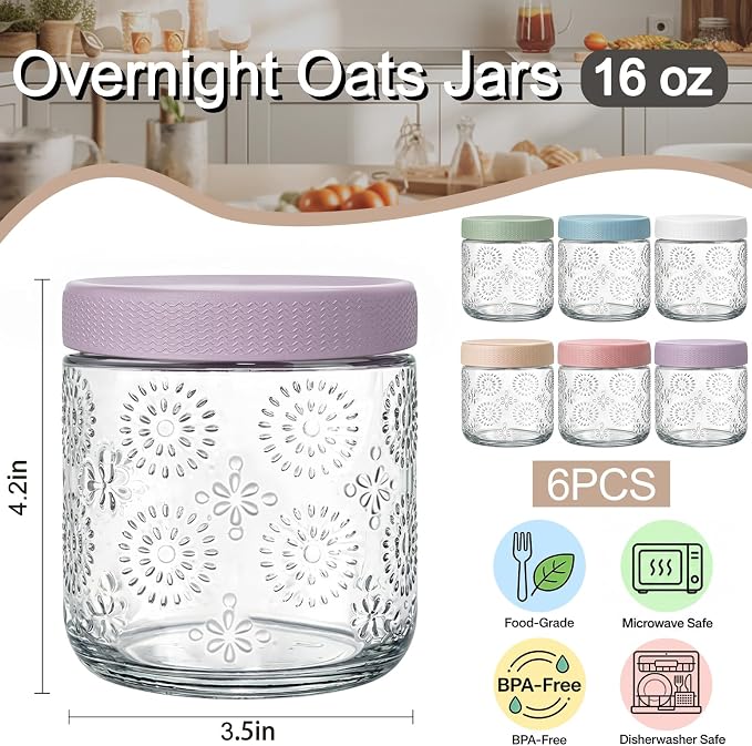 6 pack 16 oz Overnight Oats Containers with Lids, Glass Food Storage Container, Airtight Salad Jars, Mason Jars for Overnight Oats, Yogurt, Oatmeal, Salad, Coffee, Spices