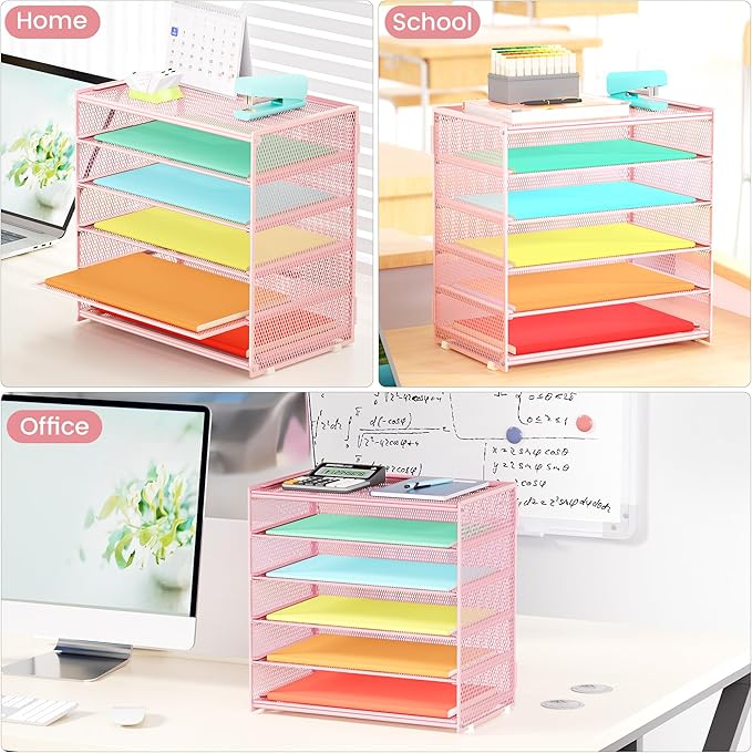 2 Pack 6 Tier Paper Organizer, Metal Mesh Desk File Folder, Letter Tray Organizer, Paper Sorter Desk Organizers for Office, Home or School File Folder Holder - Pink (Pink-2pack)
