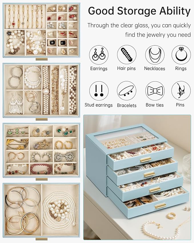 AKOZLIN Jewelry Box with Clear Lid Functional Leather Jewelry Storage Organizer Case 4 Drawers for Women Girls Necklace Ring Bracelet Earring BlueGrey