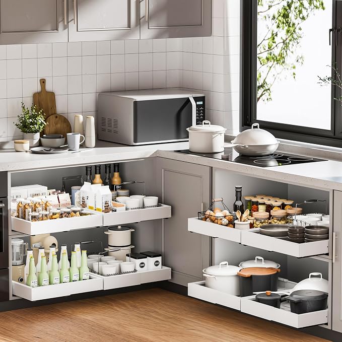 1 Pcs Pull Out Cabinet Organizers, Width (12"-19") and Depth (17"-23") Expandable With 3 Slides, No Drill Slide out Drawers Adhesive Film or Nail Cabinets Without Lip in Kitchen, Bathroom