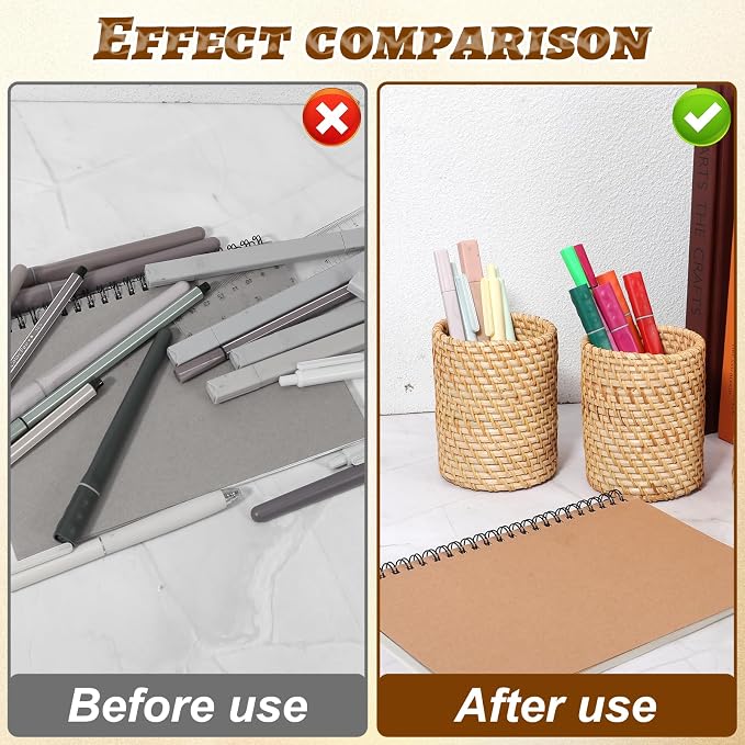 3 Pcs Rattan Pencil Holder, Handmade Pen Cup Durable Cylinder Makeup Brush Holder Multi-Functional Woven Vine Desk Organizer for Office, Home, Kitchen, Desktop