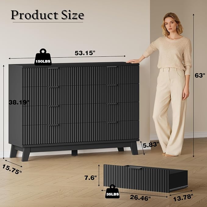 BORNOON 53" Wide Dresser for Bedroom, 8-Drawer Fluted Chest of Drawers, Modern Wood Highboy with Metal Slides and Handles, Anti-Tip Kit, Vertical Clothes Storage Organizer for Apartment, Closet