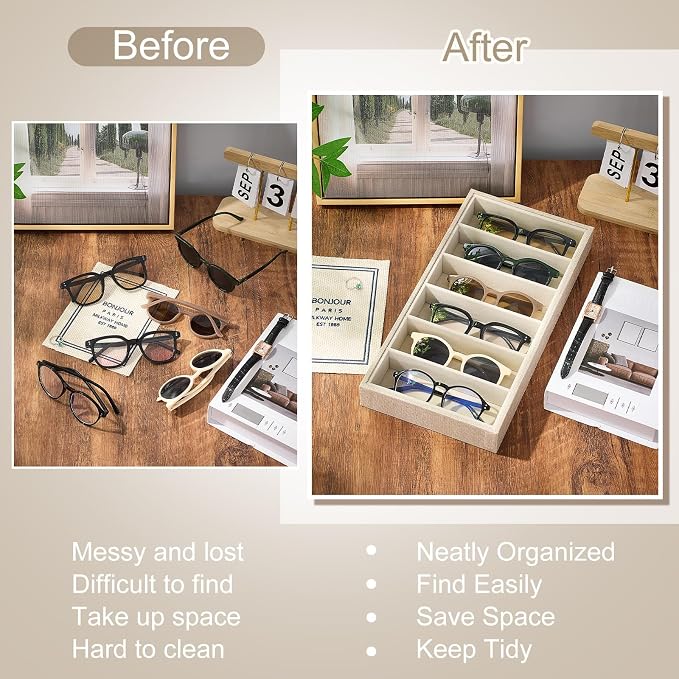 Juexica 2 Pcs Velvet Sunglasses Organizer Tray 6 Grid Sunglass Organizer Velvet Tray Stackable Glasses Display Case for Women Glasses Jewelry Display Watch (Linen)