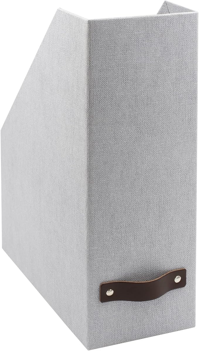 Bigso Box of Sweden Estelle Canvas Fiberboard Upright Magazine Storage Box | Magazine Holder & Organizer for Papers & Catalogs w/Leather Handle for Office Desks | 12.6in x 4.5in x 9.8in | Ash