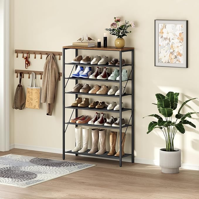 MAHANCRIS 8 Tier Shoe Rack Organizer for Closet, Holds 28-32 Pairs, Tall Metal Shoe Storage Shelf for Entryway Bedroom, Sturdy Freestanding Shoe Rack Space Saving, Large Capacity, Rustic Brown